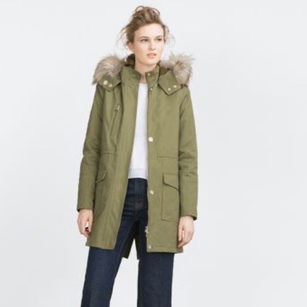 Zara Green Oversized Parka with Faux Fur Coat